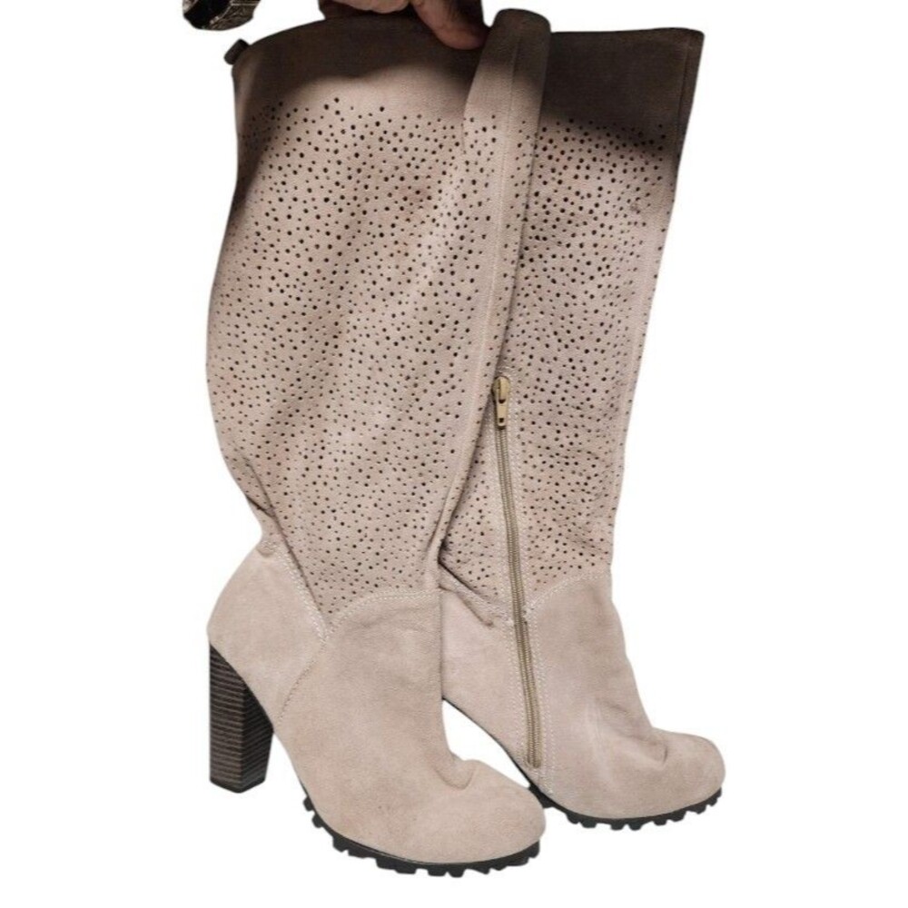 Avon Womens Tan Suede Perforated Part Spike Sole Block Heel MidCalf Boots Size 9